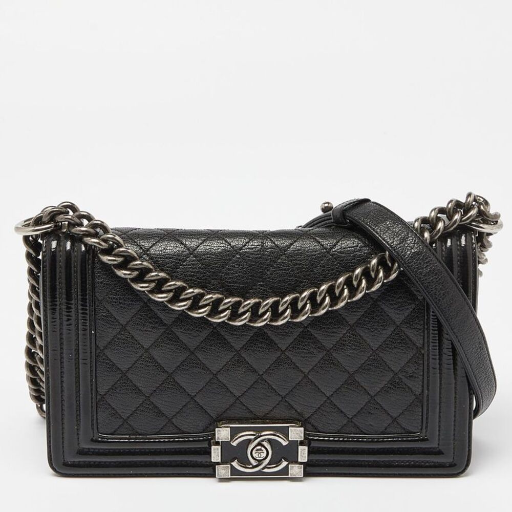 Chanel Boy Small Black Leather And Patent Leather Shoulder Bags